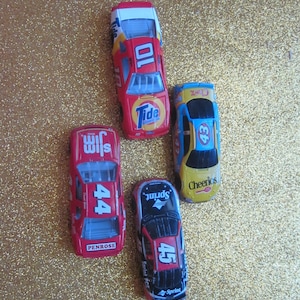 Vintage Diecast Metal Cars, Four Collector Metal Cars, Slim Jim, Tide, Sprint, Cheerios Mini Metal Race cars, Mini Metal Toy Race Cars