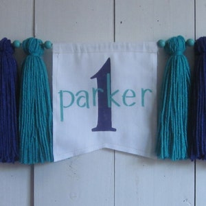 Personalized 1st Birthday Banner: Purple, Teal Yarn Tassels