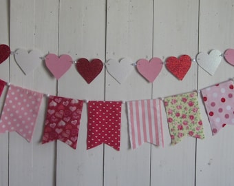 SALE Valentine fabric Bunting, Valentine's Day Banner, Heart Fabric Garland, Red White and Pink Heart Decor, Valentine Party Decorations