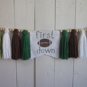 First down birthday decor, Football 1st cake smash banner, Sports highchair bunting, custom tassel photo prop garland, Customizable tassels