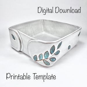 May include: Printable template for a white ceramic baking dish with a blue and brown leafy design. Digital download.