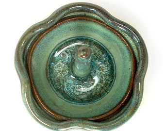 Ceramic flower ring holder, Teal pottery ring dish, Ring bowl with glass accent
