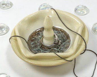 Ring holder with melted glass, Pottery jewelry dish, Ceramic trinket catcher