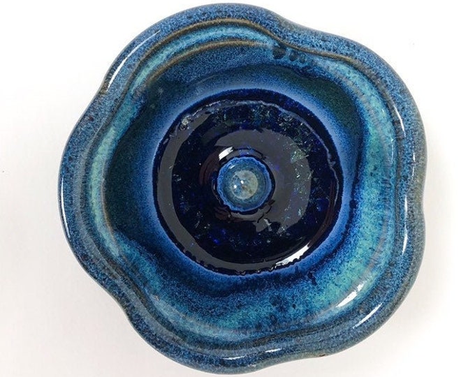 Ceramic Flower Ring Holder, Deep Blue and Teal Pottery Ring Dish