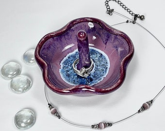 Pottery and glass ring dish, Purple ring holder, Ceramic ring bowl, from a Texas potter