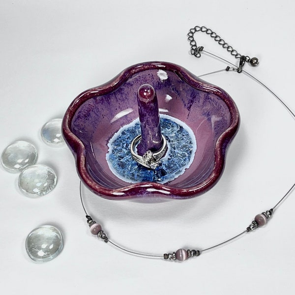 Pottery and glass ring dish, Purple ring holder, Ceramic ring bowl, from a Texas potter