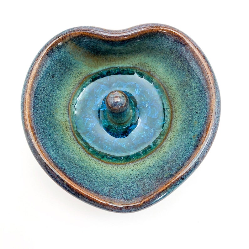Heart shaped ring holder Engagement gift Valentines Day gift Proposal ring dish Blue and teal love ring bowl with Aqua glass