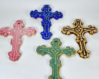 Two Small Crosses: Ceramic Ornaments or Wall Hangings with Surprise Colors