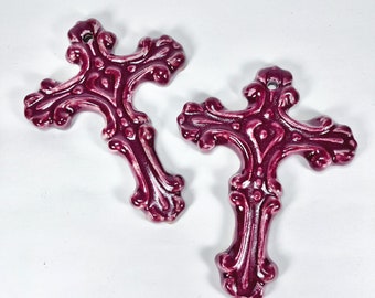 Handmade pottery cross, Red ceramic cross ornament, Burgundy wall hanging cross