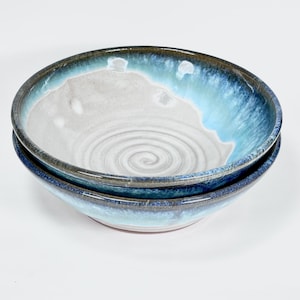 Two medium bowls, Blue, teal and white cereal bowls, Stacking pottery bowl set, Ceramic dishes, Soup bowls