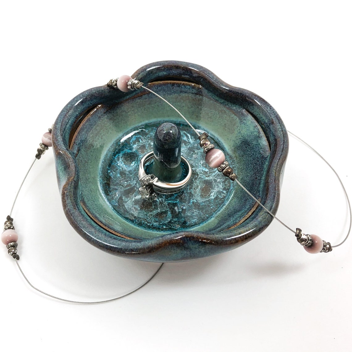Ceramic Flower Ring Holder Teal Pottery Ring Dish Ring Bowl Etsy