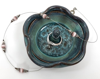Ceramic Flower Ring Holder: Teal Pottery Jewelry Dish with Glass Accent