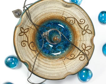 Ceramic ring dish, Teal, white, and brown jewelry holder, Round sgraffito ring holder