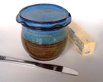 French butter keeper, Pottery crock, Blue and brown stoneware