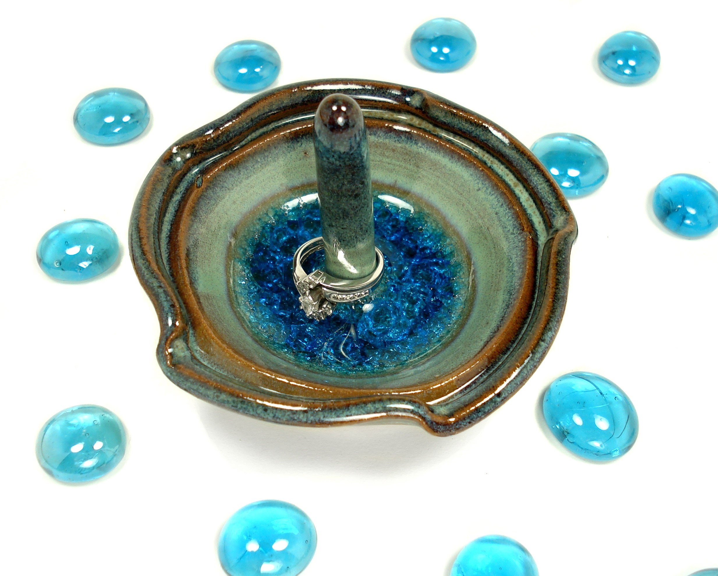 Wheel thrown stoneware Pottery ring holder dish Teal with blue glass