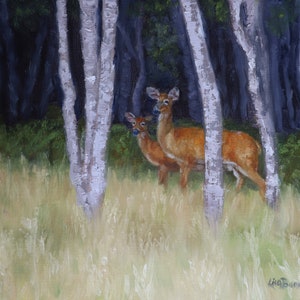 Deer and Fawn in Woods art print of original art painting by Lisa Bane. FREE SHIPPING