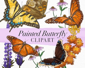 Painted Butterfly Clipart Pack, Digital Download