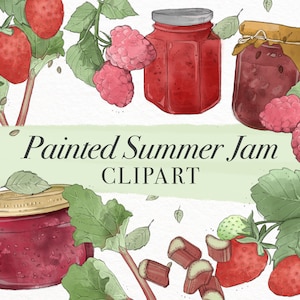 Pode incluir: Ilustração de aquarela de potes de geleia com morangos, framboesas e ruibarbo. Os potes são etiquetados com "Painted Summer Jam" e "CLIPART".