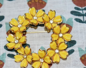 Vintage Spring Time Yellow Floral Rhinestone Brooch