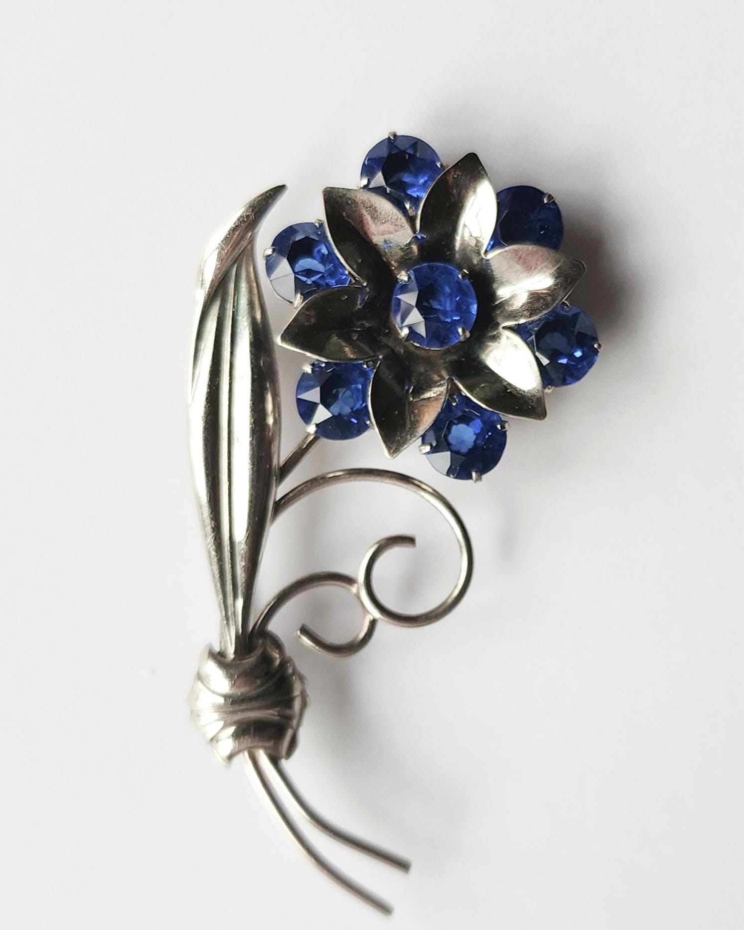 【お試し価格！】 Rhinestone Blue Sterling Vintage Large Flower Etsy - Brooch アクセサリー