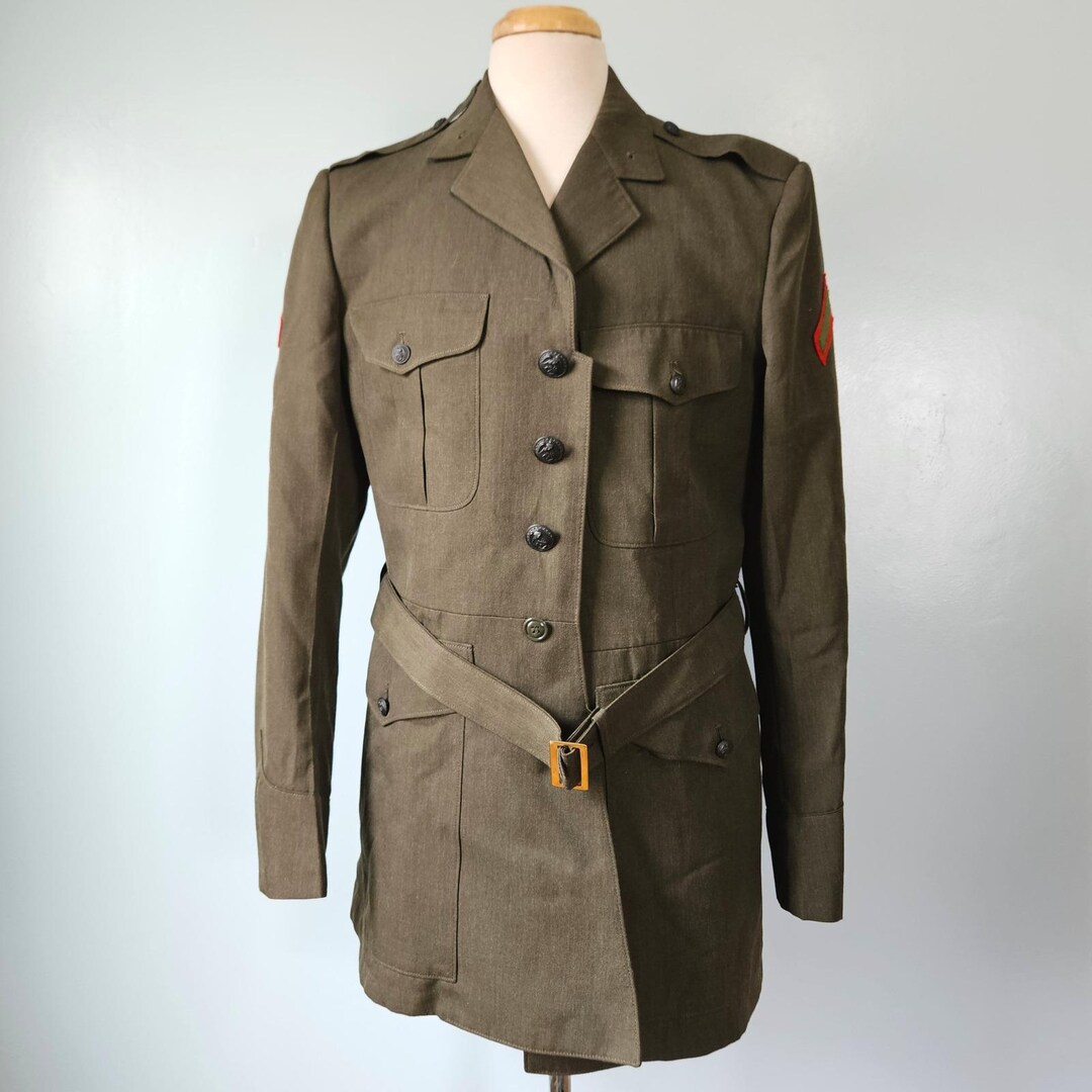 Service Alphas Vtg USMC Men Service Alpha Uniform Coat Green Wool Gabardine Belted ...