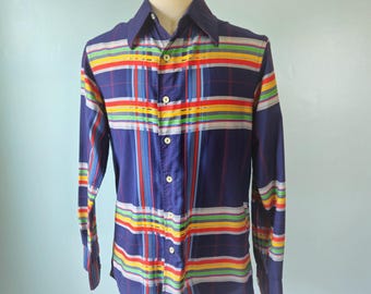 Vintage 70s Damon Mens Navy Blue Rainbow Stripe Plaid Disco Shirt Large
