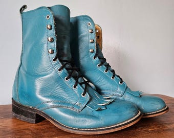 Laredo Vintage Blågrön Läder Kiltie Packer Stövlar Med Snörning Tillverkade i USA 7