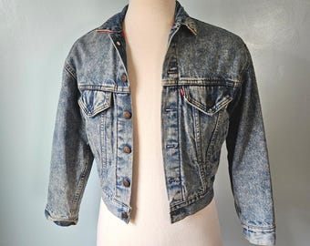 Kurtka typu trucker dla dzieci Levis z lat 80., z denimu Acid Wash, flanelowa, podszewka, rozmiar L, wyprodukowana w USA