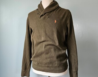 VTG jaren 90 Polo Ralph Lauren olijfgroene sjaalkraag katoenen trui groot