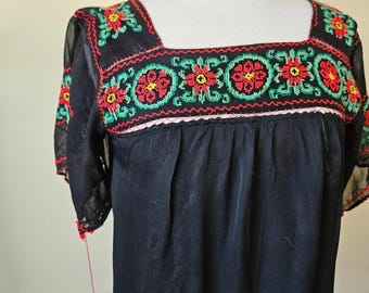 Vintage Schwarz 30er 40er Kreuzstich Stickerei Floral Top Bluse S