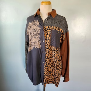 Tillsammans! Blandade tryckta lapptäcksskjorta med knappar Brun Medium Vintage 80-90-tal