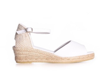 ANNA Peep Toe Ankle strap WHITE Wedge Espadrille Boho style, Low heel bridal,reception, baby shower, casual wedding, flats,comfortable