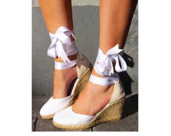 White CHLOE Medium Wedge Lace Up Espadrille Wedding Bridal shoes White, reception shoes, bachelorette, baby shower, comfortable wedding