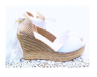 ANNA Peep Toe Platform WHITE Wedge Lace Up Espadrille Boho style Wedding, High heel bridal, countryside wedding, beach wedding shoes, casual
