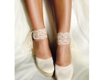 BEVERLY Lace Ivory Lace Platform Wedge Lace Up Espadrille Boho style Wedding, comfortable wedding shoes, bohemian bride, ivory wedges, prom
