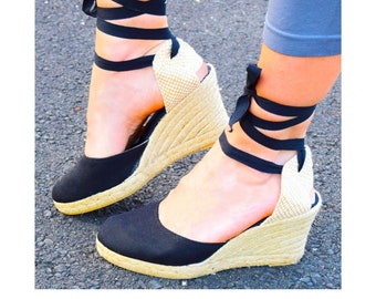 Espadrilles compensées à lacets végétaliens pour femmes en coton biologique Chaussures compensées moyennes, chaussures confortables, sandales, chaussures plates, compensées