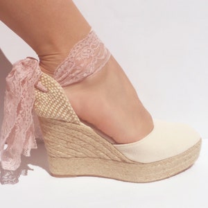 BOHOIBIZA Ivory Dusty Pink Lace Up Wedge Espadrilles, party shoes, boho shoes, bridesmaid shoes, bachelorette, platform shoes, prom shoes
