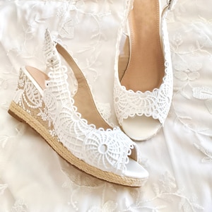 Scarpe da sposa con zeppa, Altezza 3 "-7 cm, Espadrillas bianche Open Toe Boho Wedding, Scarpe da sposa, macramè, pizzo, comodo, cinturino alla caviglia