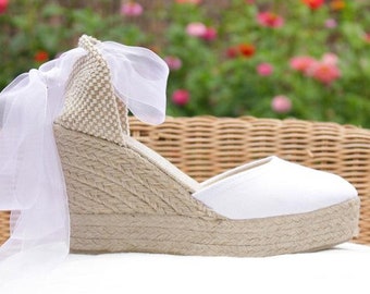 Espadrilles compensées Audrey à lacets Boho Sandales de mariage, chaussures de mariée, chaussures à plateforme, campagne, demoiselle d'honneur, escarpins de baby shower, ibizencas