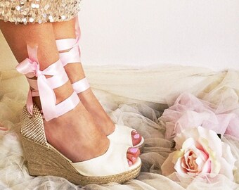 BOHO Peep Toe IVORY Platform Wedge Lace Up Espadrille Boho style Wedding, open toe, bridal, bohemian bride, wedding sandals, ecru ,pink