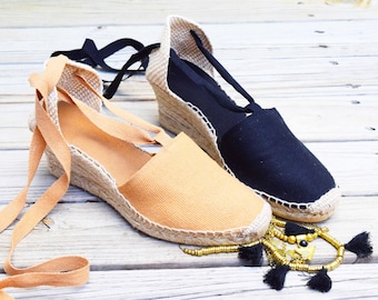 MEDIUM Wedge Lace Up Women Espadrilles Organic Cotton, vegan shoes, comfortable shoes, wedge shoes, organic shoes, boho chic, boho shoes