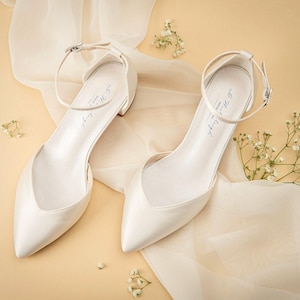 Ashley Ivory Satin Pointy Toe Low Block Heels Wedding Shoes, Bridal Shoes with Crystal Ankle Strap Bridesmaids Shoes, Holiday Shoes, Evening