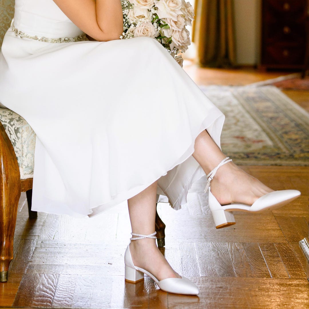 low heel ivory dress shoes Ashley Ivory Satin Pointy Toe Low Block Heels Wedding Shoes, Bridal Shoes  With Crystal Ankle Strap Bridesmaids Shoes, Holiday Shoes, Evening