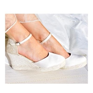 PARIS SATIN Medium Wedges Wedding Espadrilles Bridal, ankle strap, High Heel, ivory bridal shoes, boho bride, bohemian bride, pumps