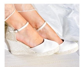 PARIS SATIN Compensées moyennes mariage Espadrilles de mariée, bride à la cheville, talons hauts, chaussures de mariée ivoire, mariée bohème, mariée bohème, escarpins