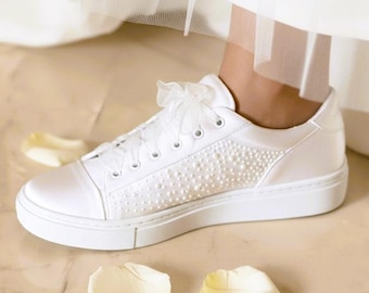 Beatrice Bridal Pearl Sneakers, Flat sports bridal shoes, comfortable shoes, Wedding dancing shoes, Wedding Sneakers, lace, organza