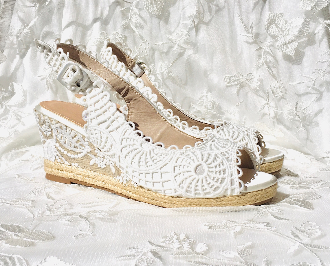 Wedge Wedding Shoes, Open Toe White Espadrilles Boho Wedding, Bridal ...