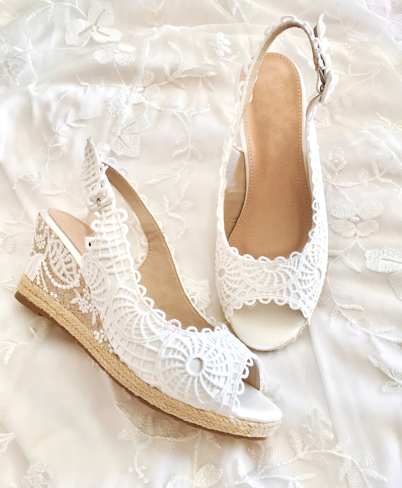 Wedge Wedding Shoes, Open Toe White Espadrilles Boho Wedding, Bridal ...
