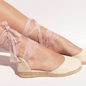 BOHOIBIZA Ivory Dusty Pink Lace Up Espadrilles, dance shoes, ballerina shoes, boho shoes, romantic shoes, shabby chic shoes, comfortable