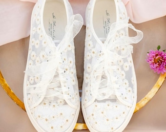 Daisy Bridal , Floral bridal lace Sneakers, tennis shoes, comfortable shoes, Wedding dancing shoes, Sneakers, after party wedding shoes